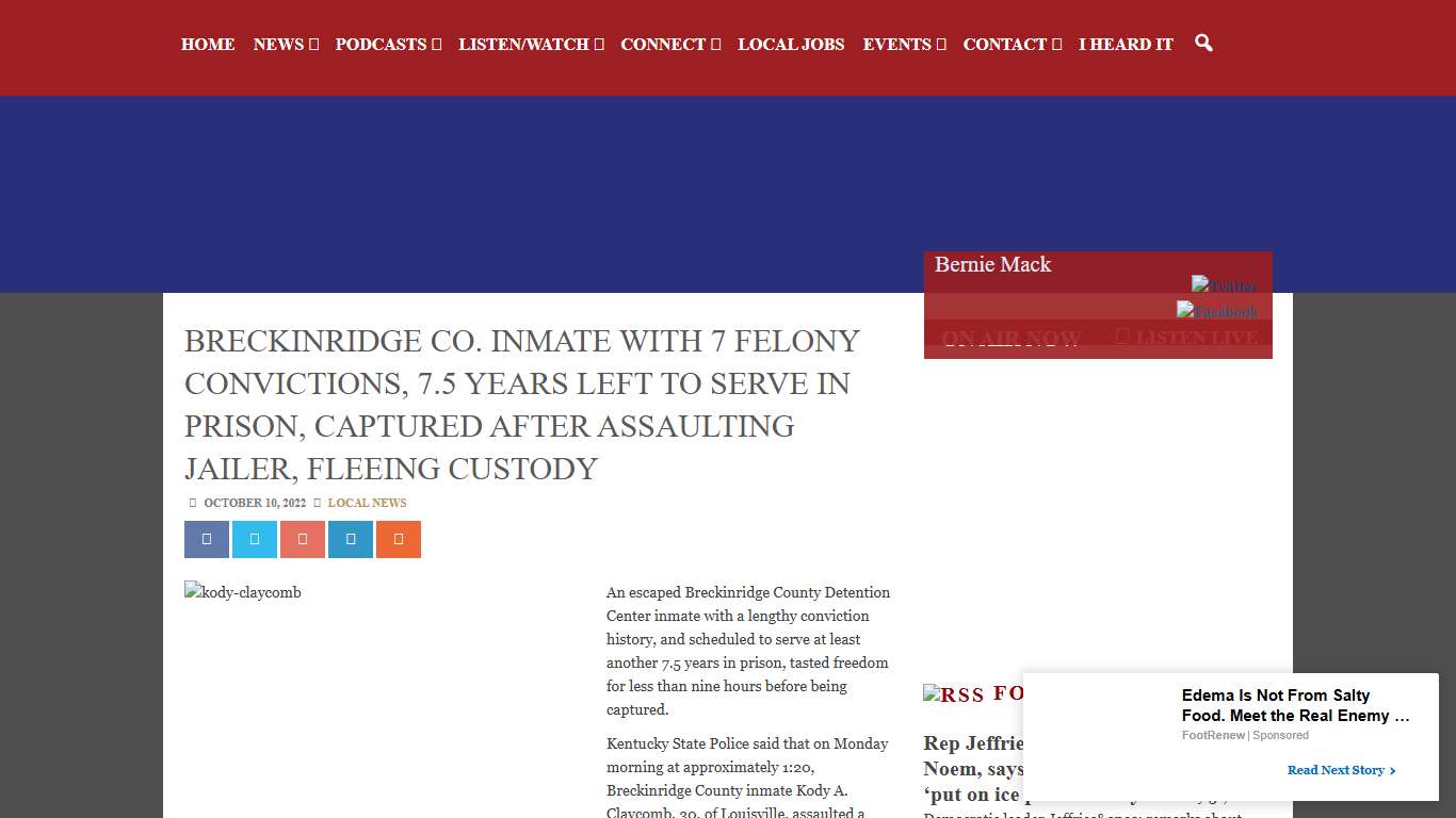 Breckinridge Co. inmate with 7 felony convictions, 7.5 years left to serve in prison, captured after assaulting jailer, fleeing custody K105